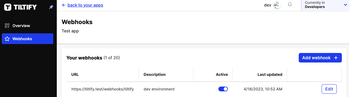 a screenshot of the webhook endpoint activate