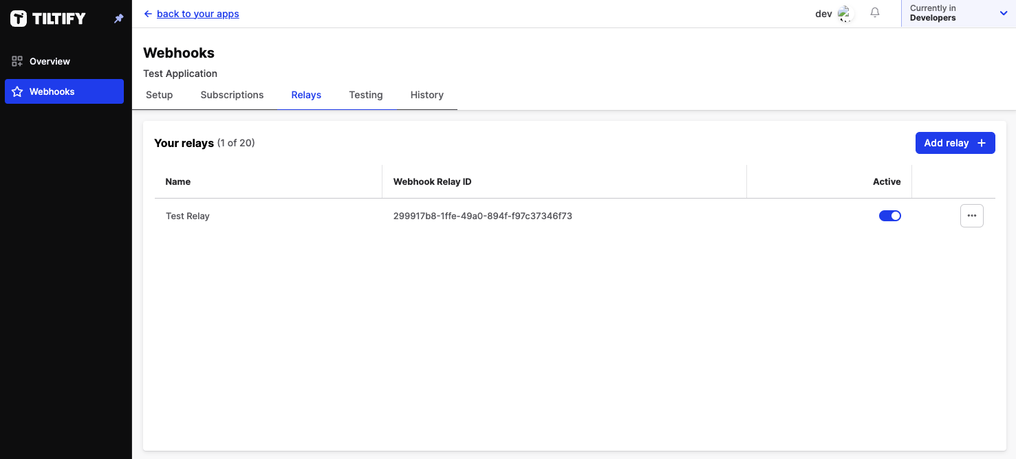 a screenshot of the webhook relay manage page