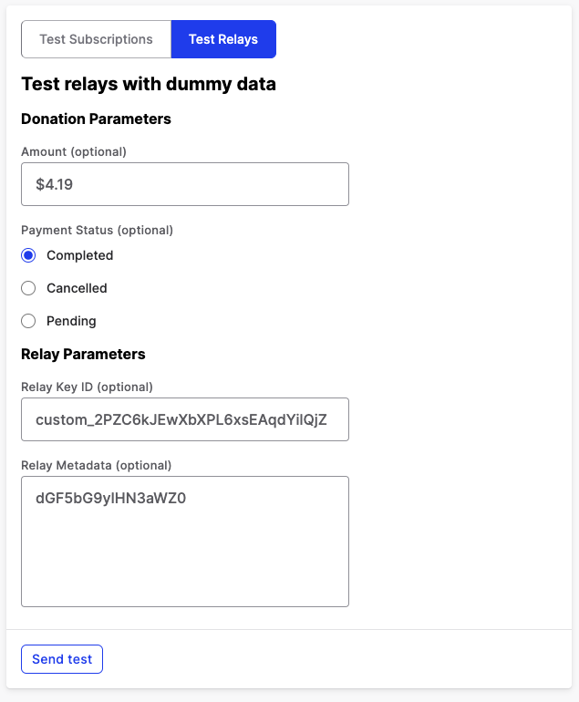 a screenshot of the webhook relay test form