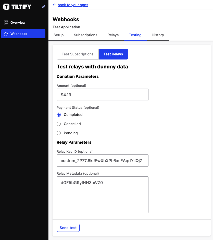 a screenshot of the webhook relay test form