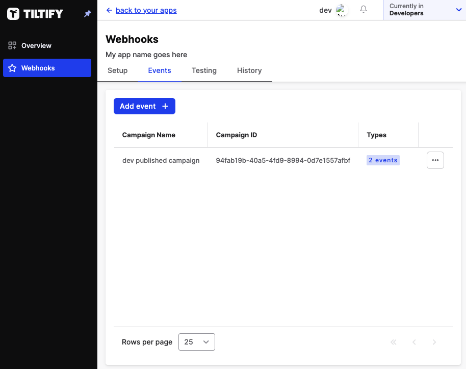 a screenshot of the webhook subscription manage page