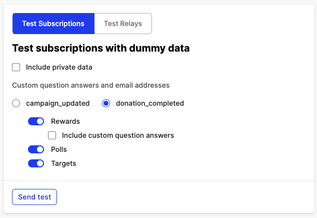 a screenshot of the webhook subscription test form